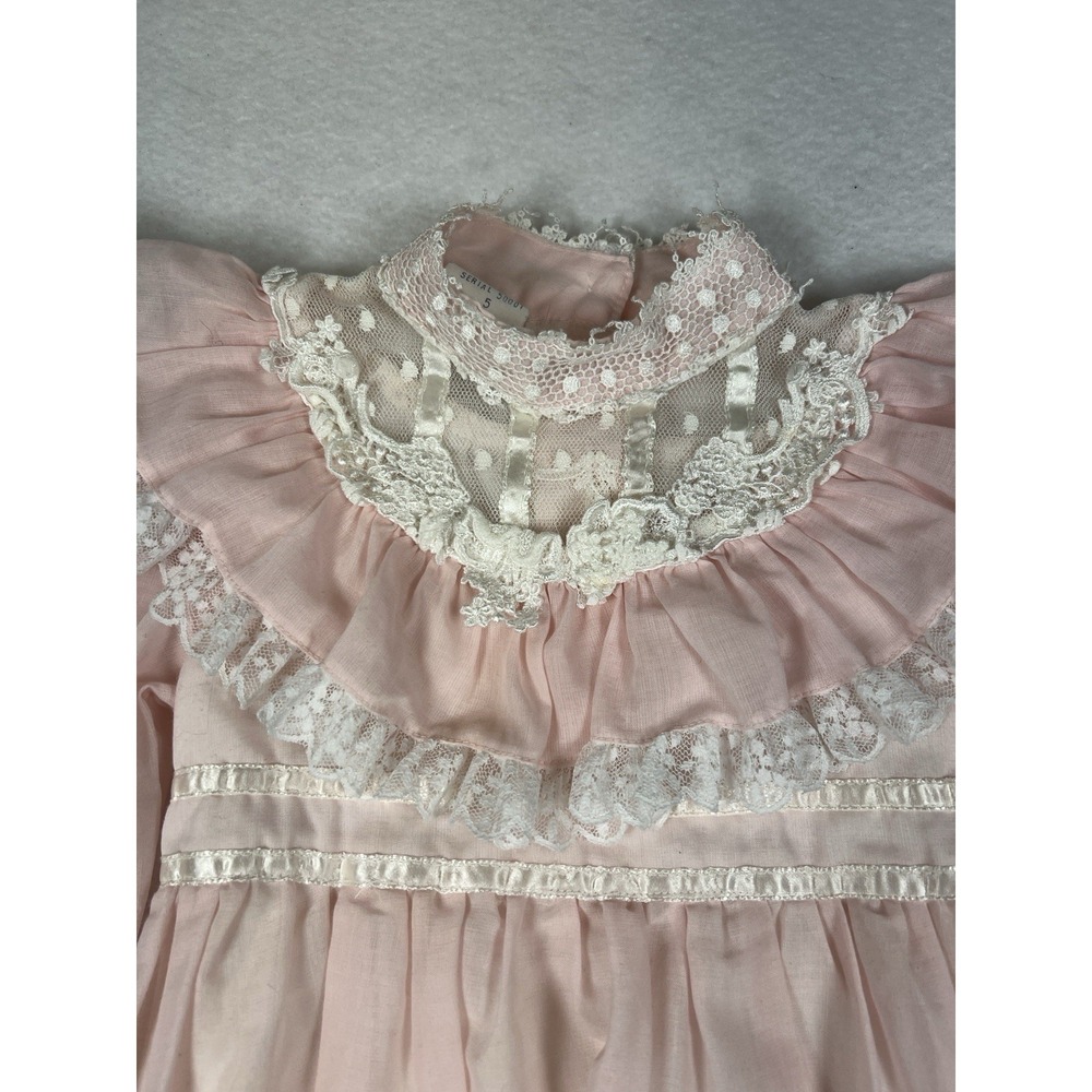 VTG 70's/ 80's Jeunes Filles GUNNE SAX Pink Lace Trim Dress Girls Size 5 - Picture 3 of 16